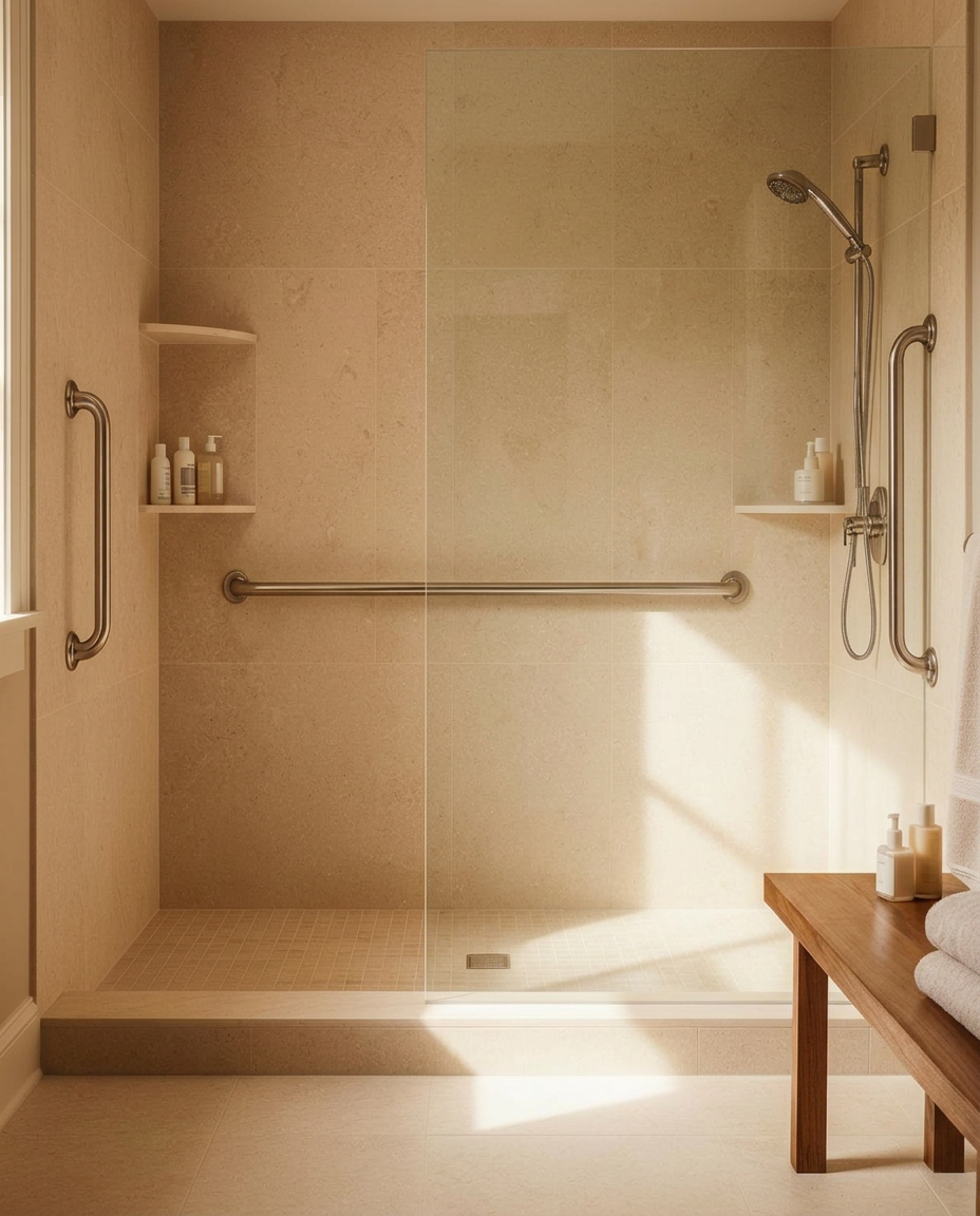 A bright, modern accessible walk-in shower with grab bars and natural light.