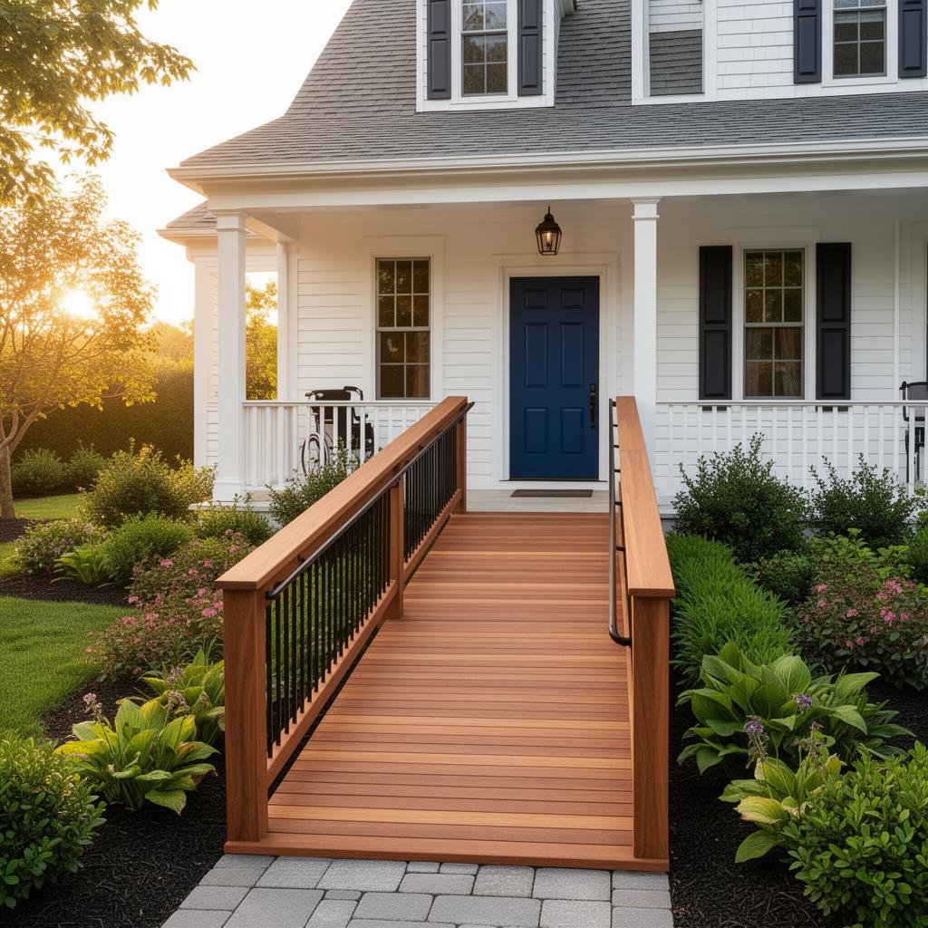 A custom wooden wheelchair ramp on a classic American home.